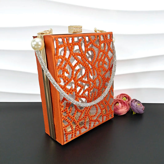 Beautiful Orange Coral-like Hollow With The Same Color Small Rhinestone Decoration Party Ladies Shoes And Bag