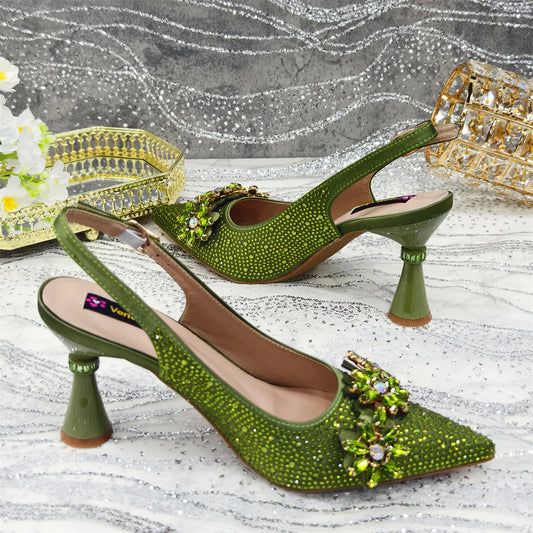Olive-Green Pointed-Toe Women's High Heels Shoes and Bags for Party Rhinestone Evening Elegant Luxury Handbag