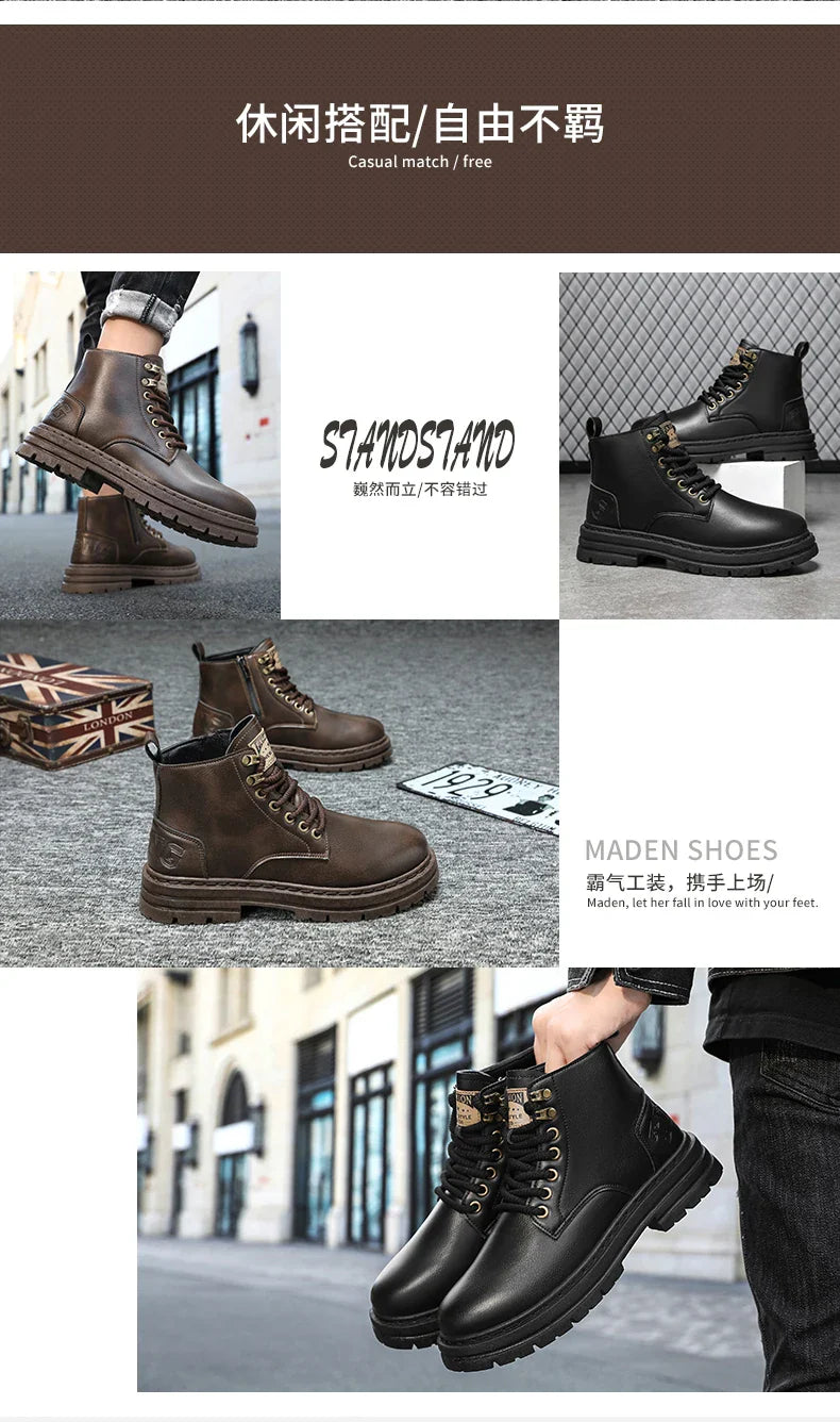 Men's boots four seasons soft-sole non-slip casual boots fashion outdoor work boots high boots classic Joker youth leather boots