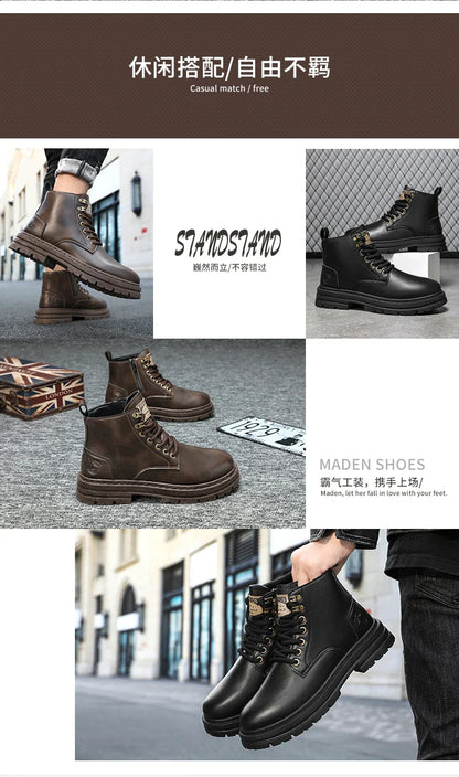 Men's boots four seasons soft-sole non-slip casual boots fashion outdoor work boots high boots classic Joker youth leather boots