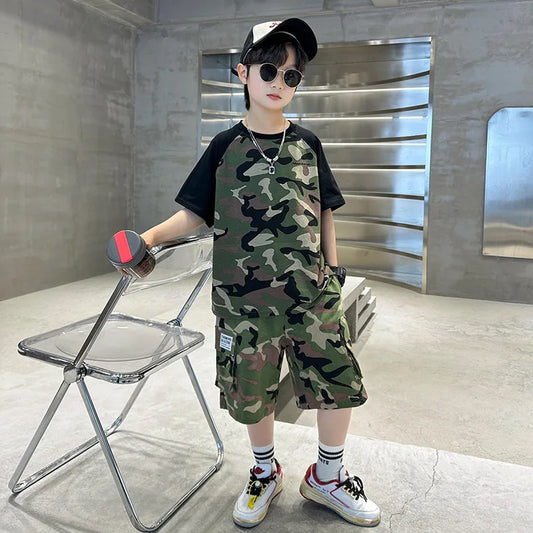 Teenage Boys Summer Camouflage Suit Thin Short-sleeved T-shirt Shorts Suit Children's Casual sports Suit Boys Clothes Sets