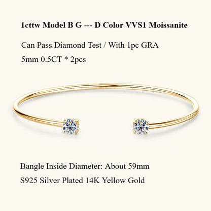 Four Prong Moissanite Cuff Bangle 5mm 0.5CT Round Cut D Color 925 Silver Open Hand Chain Bracelet For Women Girl Lady Gift