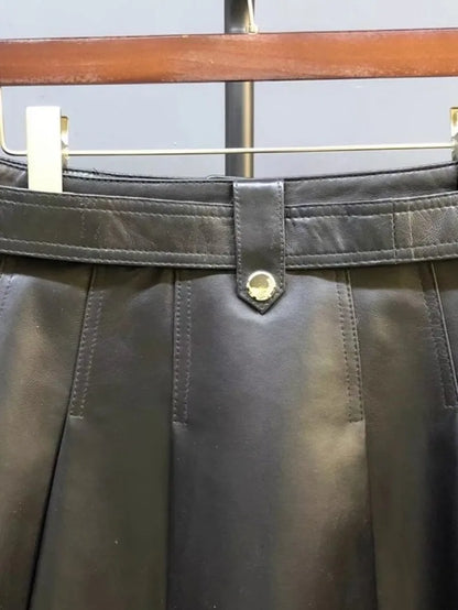 Autumn Women Sweet Sheepskin Genuine Leather Pleated Skirt High Waist Belt Fashion Casual Party Solid Color A Line Short Skirts