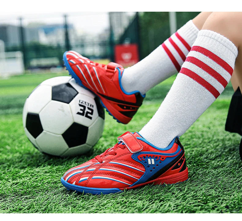 Fashion Gold Children's Football Shoes Outdoor Non-slip Turf Soccer Shoes Kids HOOK&LOOP Low-cut Sports Sneakers Child Trainers