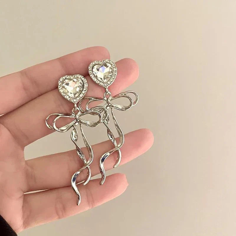 Jewelry Sweet Heart Rhinestone Butterfly Shape Dangle Earrings for Women Silver Color Korean Fashion Y2K Piercing Earring