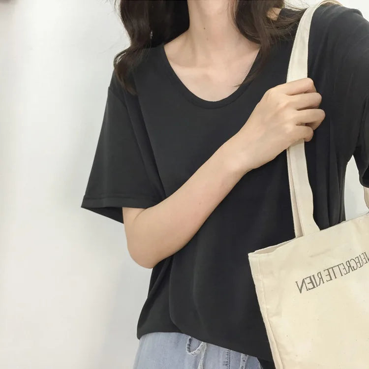 1pcs Girls Summer Solid T-shirts Women Classic Basic Fashion Tees Students Short Sleeve Loose Tops Female V Neck Comfort Tshirts