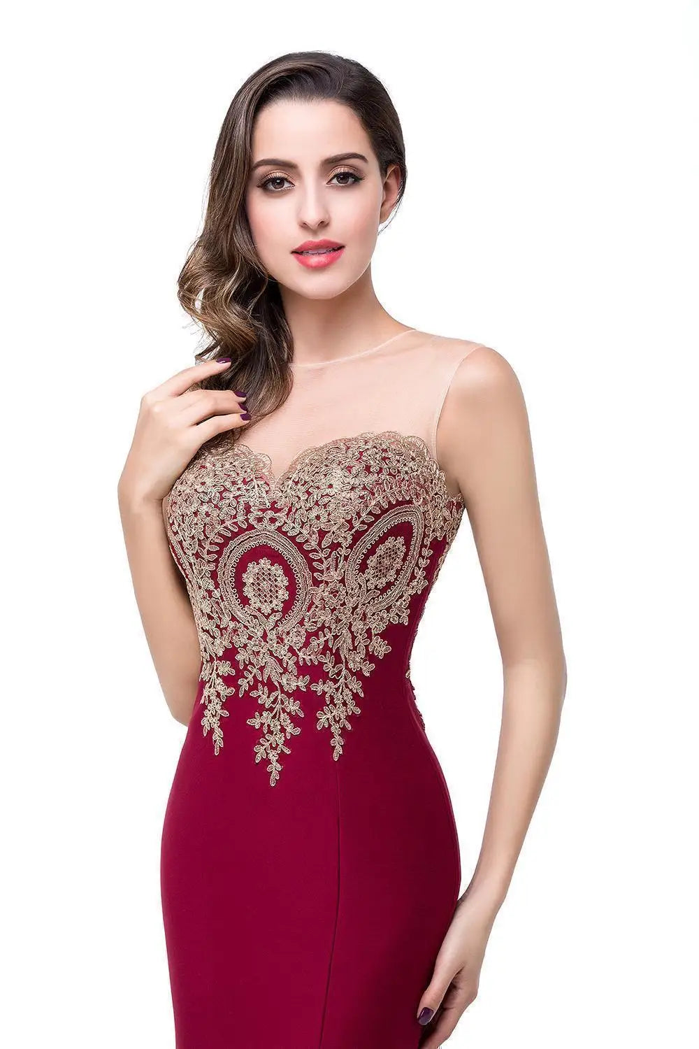Elegant Mermaid Evening Dress Women Sweetheart Illusion Golden Appliques Lace Wedding Party Prom Gown Robe de Soiree