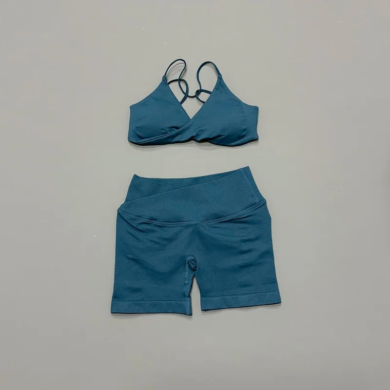 Women 2 Piece Gym Set Seamless Yoga Sports Bra V Neck Twist Front Tummy Control Butt Lifting Shorts Fitness Running Workout Set
