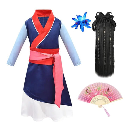 Mulan Same Costume Girl Hero Halloween Cosplay Costume Children Long-sleeved Two-piece Drama Costume Chinese Style Dress