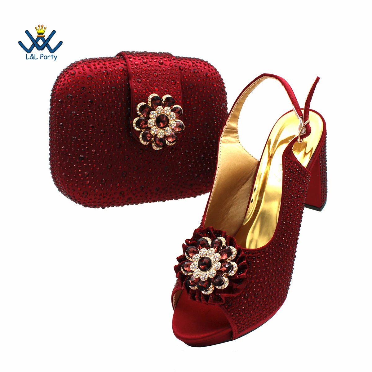 Special Design Women Crystal Style African Ladies Party Shoes Matching Bag in Magenta Color