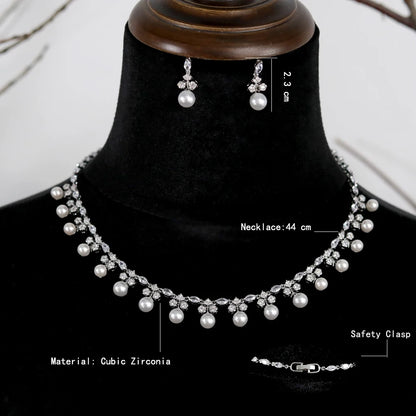 Gorgeous Cubic Zirconia Stone Pearl Choker Necklace Earring Jewelry Set for Women Bridal Satin Wedding Dress Accessories