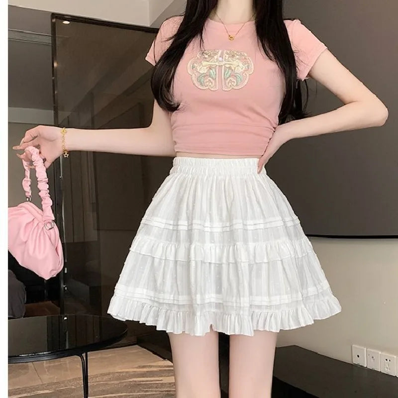 Kawaii White High Waist Pleated Mini Skirts for Women Summer Slim A-Line Skirt Y2K Versatile Puff Tiered Faldas for Girls Female