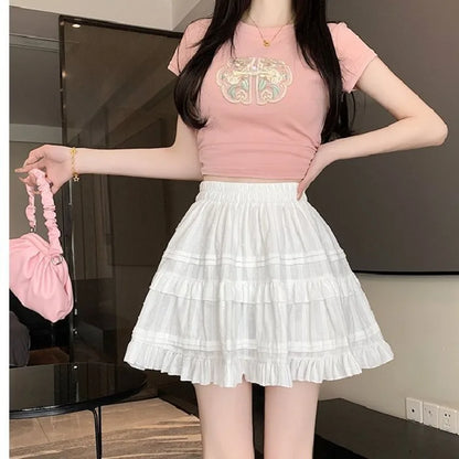 Kawaii White High Waist Pleated Mini Skirts for Women Summer Slim A-Line Skirt Y2K Versatile Puff Tiered Faldas for Girls Female