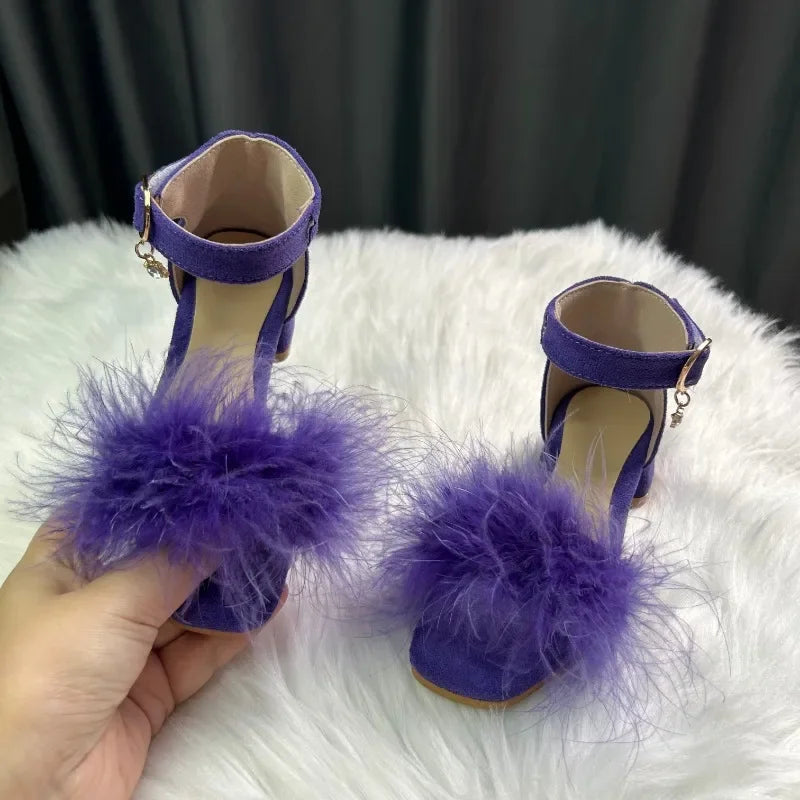 Toddler Girls Sandals Summer Low-heels Children's Sandals Open-toe Princess Fluffy New Versatile Kids Fashion Ankle-strap Shoes