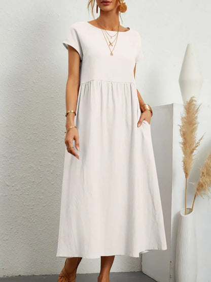 Women Elegant Solid Maxi Dress Summer Short Sleeve O Neck Vintage Harajuku Cotton Linen Loose Sundress Y2K Pockets Long Dress