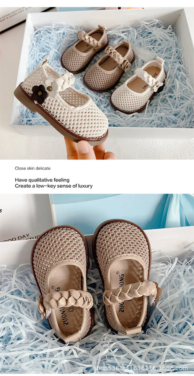 Girls Walking Shoes Lace Mesh Bows Kids Princess Shoes Non-slip Shiny Sequins 2025 New Children Flat Shoes Soft Sole Non-slip