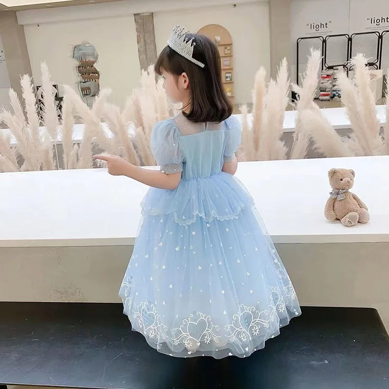 Vestido de princesa infantil de lantejoulas e tule azul com renda, xale de tule de floco de neve, festa infantil, vestido de princesa para formatura de menina