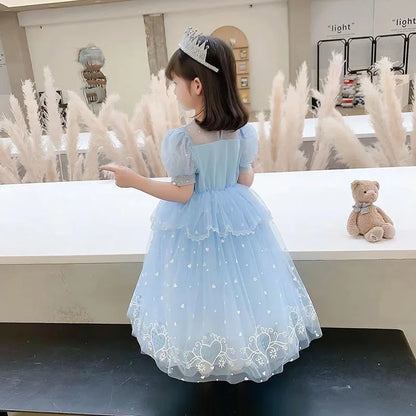 Vestido de princesa infantil de lantejoulas e tule azul com renda, xale de tule de floco de neve, festa infantil, vestido de princesa para formatura de menina