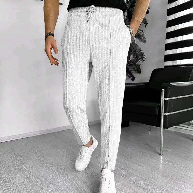 Mens Stylish Waffle Pants - Casual Sports Slim Fit with Adjustable Drawstring Secure Pockets for All Seasons - Perfect Outdoor