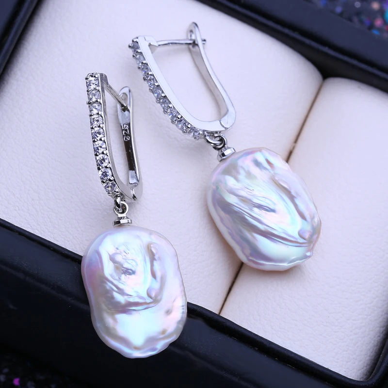 925 Sterling Silver Jewelry 12-16mm Natural Freshwater Large Baroque Pearl Drop Earrings Fashion Gifts For Women