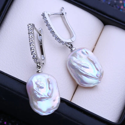 925 Sterling Silver Jewelry 12-16mm Natural Freshwater Large Baroque Pearl Drop Earrings Fashion Gifts For Women