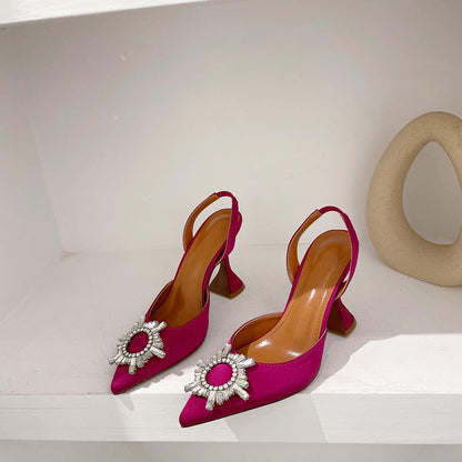 Aneikeh Marca Feminina Salto Alto de Seda Luxuoso Salto Alto com Laço de Borboleta de Cristal Sapatos Pontudos de Verão Salto Triângulo Sapatos de Noiva
