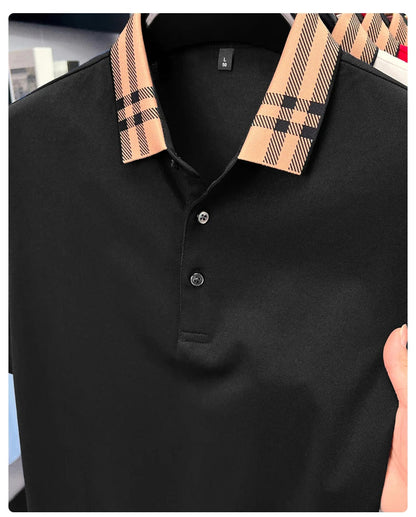 Fashion brand plaid lapel short sleeve polo shirt men summer new style simple solid color high-end business casual golf T-shirt