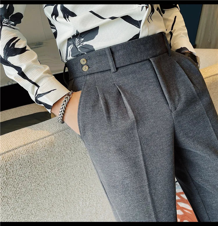 Men's Slim Fit Naples Business Casual Trousers Made of Autumn and Winter Wool, Thickened for Warmth, Classic Ankle-length Pants.