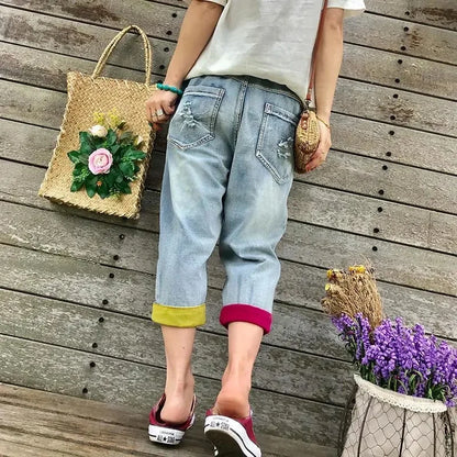 Spring Summer 2025 New Women Denim pants Thin Retro patch Embroidery Elastic waist Hole Contrast Loose Jeans pants Female