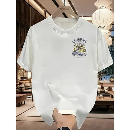 Vintage California West Coast Surfing Graphic Tee with Retro Car and Sun Print 100% Cotton Men's T-shirt Summer Casual Beachwear