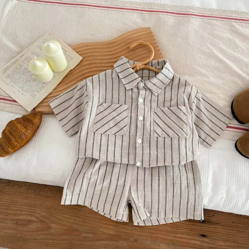 New Summer Korean Style Baby Boys Striped Outfits Cotton Linen Shirts Shorts 2pcs Children Casual Loose Sets