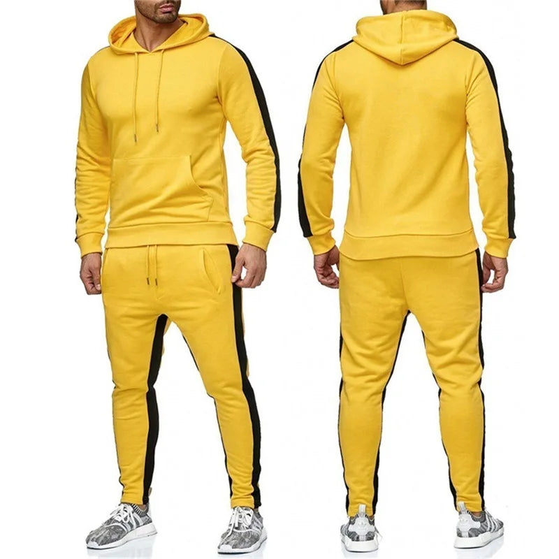 Casual autumn and winter long-sleeved men's 2-piece sports suit color block striped breathable sports suit