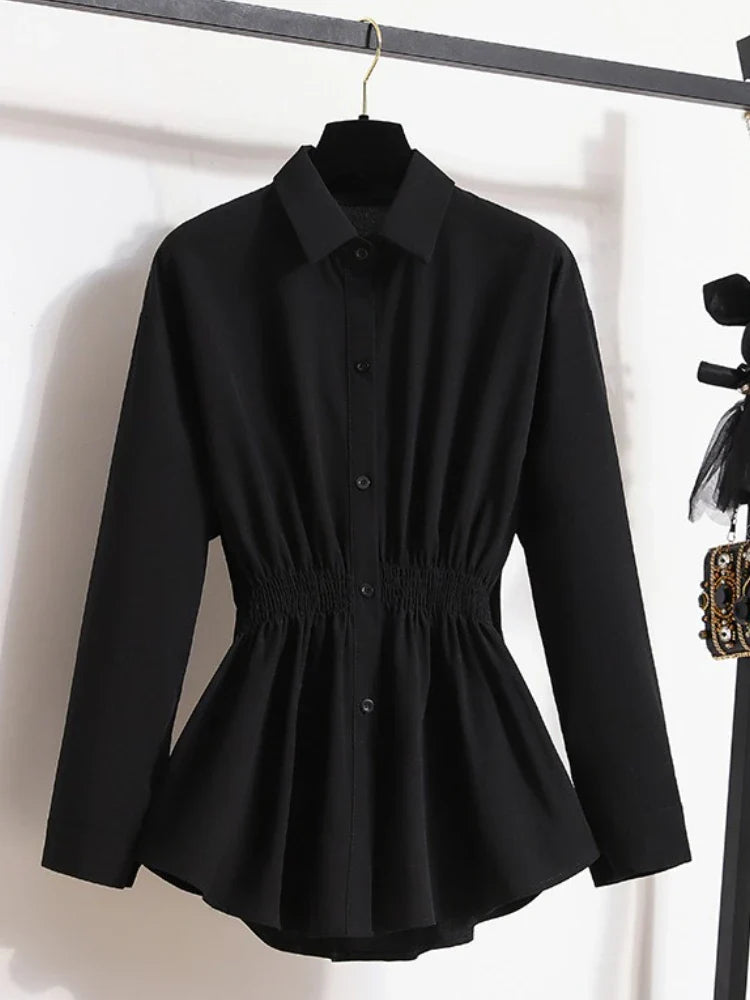 2026 Women's Plus Size Blouse Korean Style Spring Autumn Loose Elegant Casual Mid-length Tops Long Sleeved Waist Cinching Shirts
