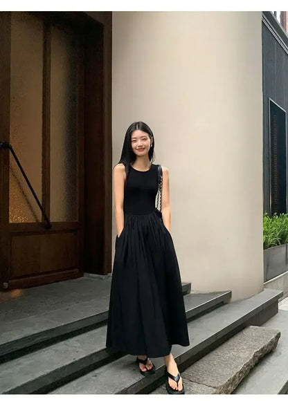 New Vintage Black Tank Top Midi Dress Wedding Dresses for Women Clothing O Neck Office Lady Casual Pockets Women's Clothing