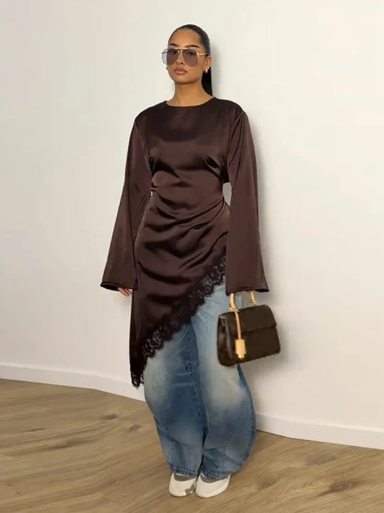 Women's Satin Blouse With Lace Trim Fashion O-neck Long Sleeve Lace Up Waist Irregular Tops 2026 Spring New Chic Lady Streetwear