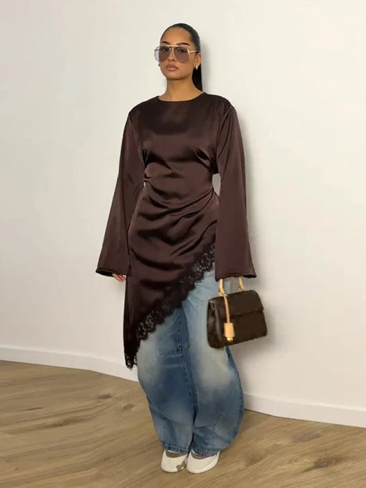 Women's Satin Blouse With Lace Trim Fashion O-neck Long Sleeve Lace Up Waist Irregular Tops 2026 Spring New Chic Lady Streetwear