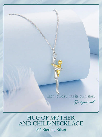 Real 925 Sterling Silver Hug Embrace Pendant Necklace Silver Gold Two-tone Mom & Child Pendant Family Gift  Mom Jewelry