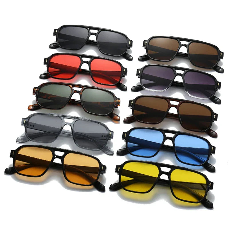Vintage Double Bridges Men Square Sunglasses Fashion Clear Ocean Lens Eyewear Women Trending Rivets Sun Glasses UV400