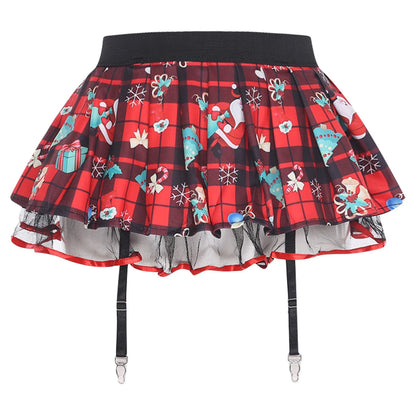 Women's Miniskirt with Garters Schoolgirl Cosplay Costume Plaid Layer with Tulle Lining Elastic Waistband Short Skirt Clubwear