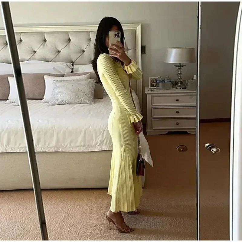 Elegant Knit Ribbed Single Breasted Long Dress Women Slim Lapel Flare Sleeve Pockets Female Dresses Autumn Lady Solid Robes