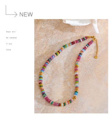 Colorful Natural Stone Beads Handmade Chain Y2K Fashion Necklace for Women Stainless Steel Waterproof Collar Jewelry Gift
