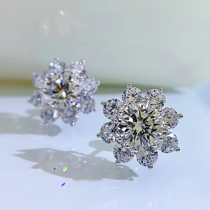 100% Real S925 Sterling Silver Floral Zircon Stud Earrings Women High Carbon Diamond Earring Ear Studs Fine Jewelry Gift