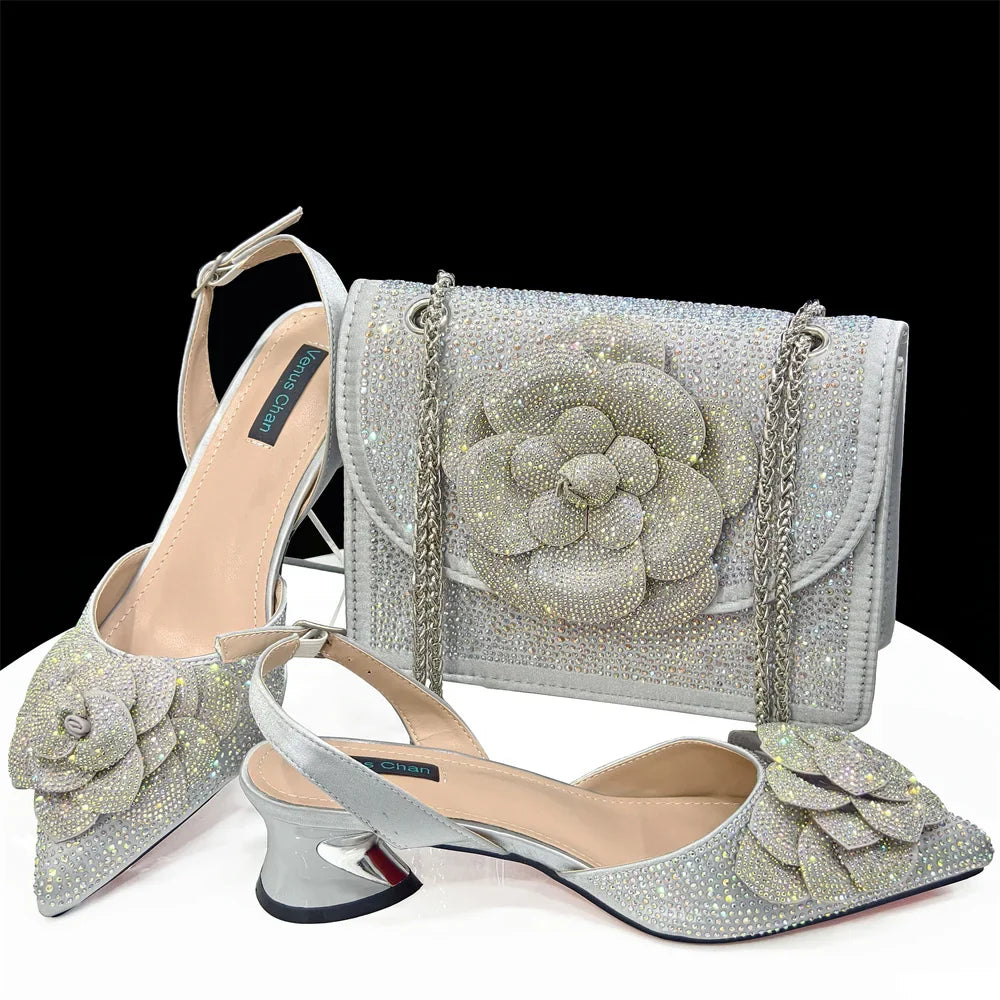 Evening Shoes and Bags Set with Full Diamond Handmade Petal Clutches Pointed Toe Peach Color Mid-Heel Women Shoes