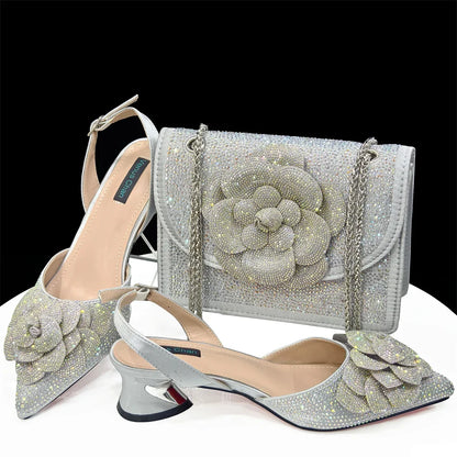 Italian Design Evening Shoes And Bags Paired With Handmade Petal Gold Colour Pointed Toe Mid-Heel Shoes For Women Party Shoes