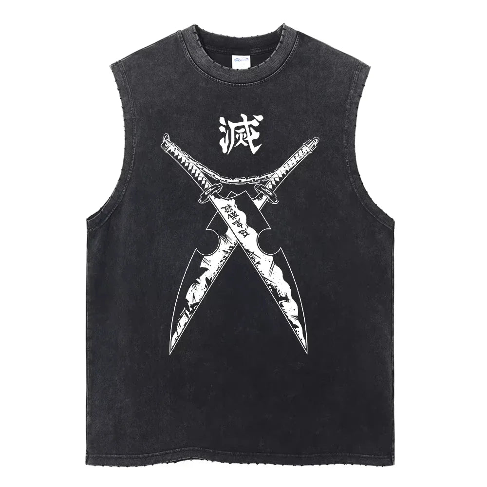 Anime Demon Slayer Printed Men's Tank Tops Summer Y2k Washed Cotton Vintage Gym Vest Women's Casual Sleeveless Shirts Steetwear