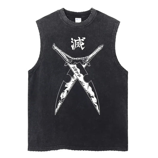 Anime Demon Slayer Printed Men's Tank Tops Summer Y2k Washed Cotton Vintage Gym Vest Women's Casual Sleeveless Shirts Steetwear