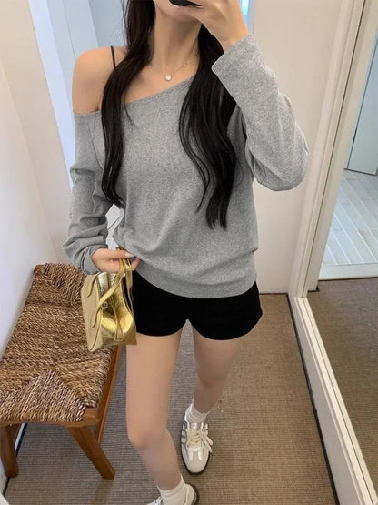 Autumn Winter One Shoulder Cotton Long Sleeve Slant Shoulder Women's Clothing Style Interior Wide Truffle Shoulder Base Shirt
