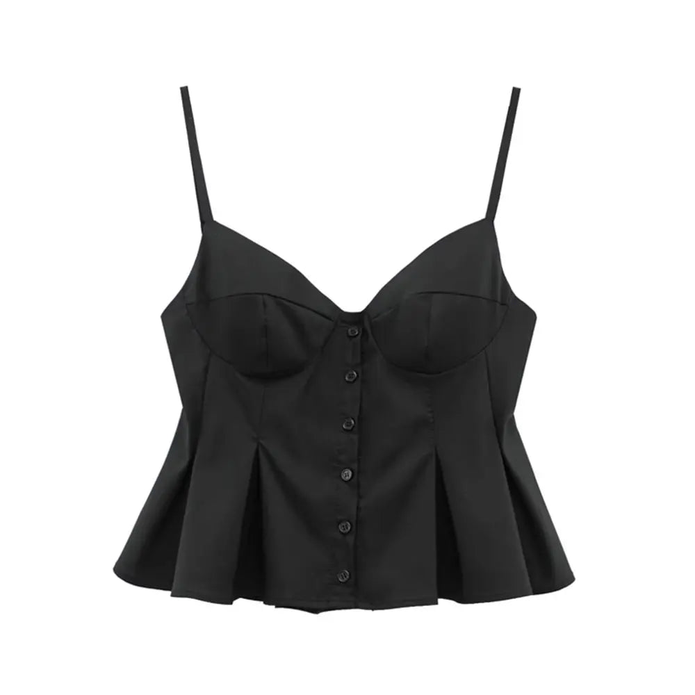 Women's Fashion Pleated Poplin Tank Top V-Neck Adjustable Spaghetti Straps Button-Up Camisole Female Sexy Fashion Clothing