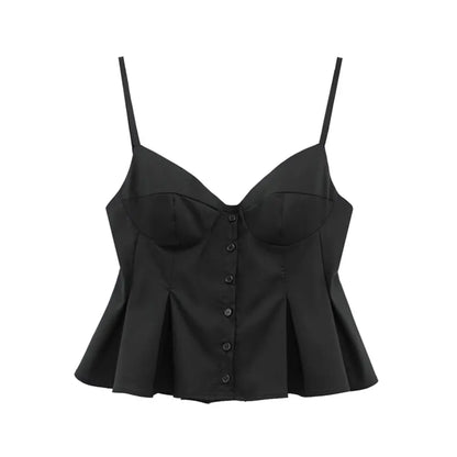 Women's Fashion Pleated Poplin Tank Top V-Neck Adjustable Spaghetti Straps Button-Up Camisole Female Sexy Fashion Clothing