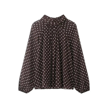 New Women Bow Collar Blouse Vintage Polka Dot Printed Loose Tops Fashion Elegant Spring Long Sleeve Commuting Shirts